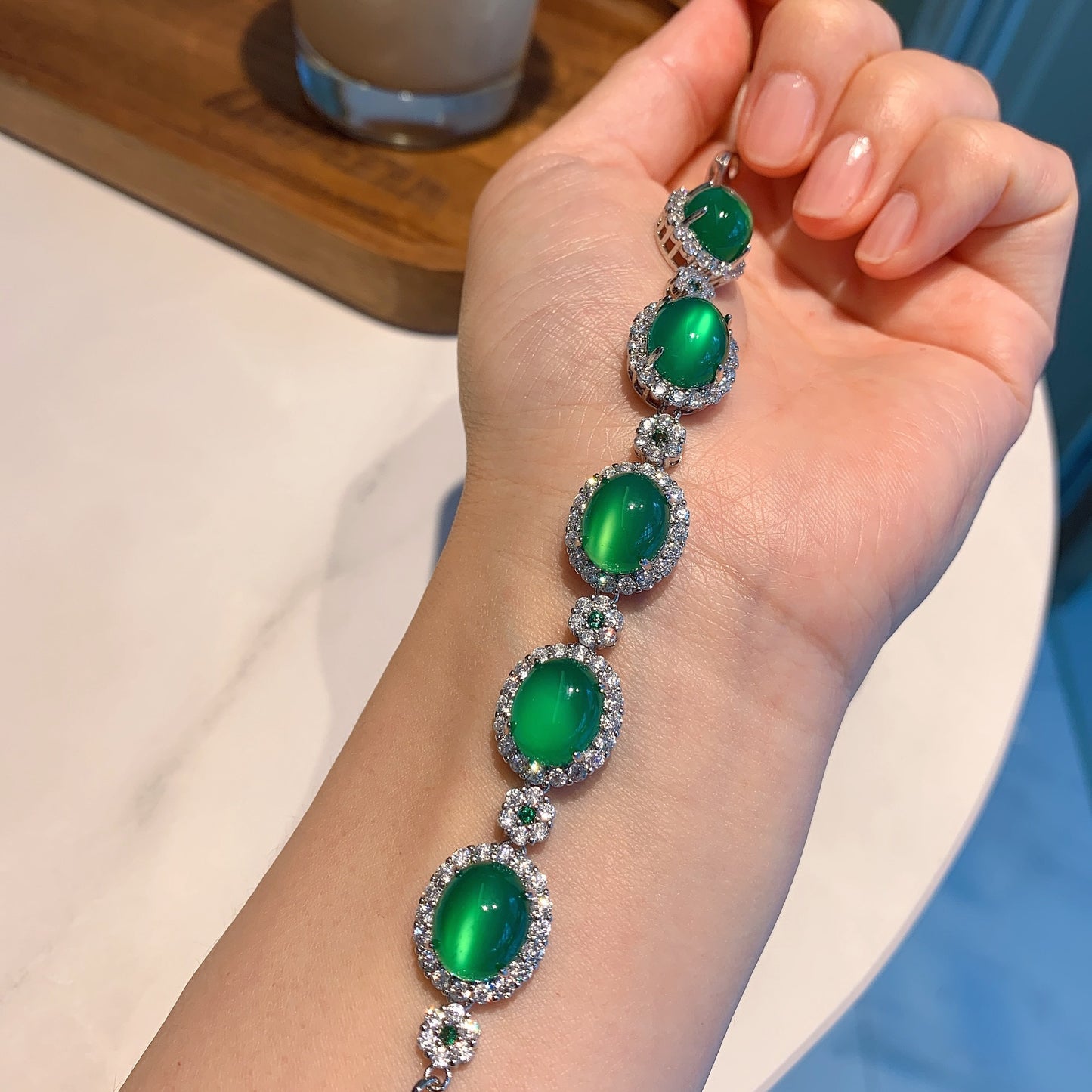 Chalcedony Emerald Green Fluorescent Jade Bracelet- Round Diamond Jade Bracelet