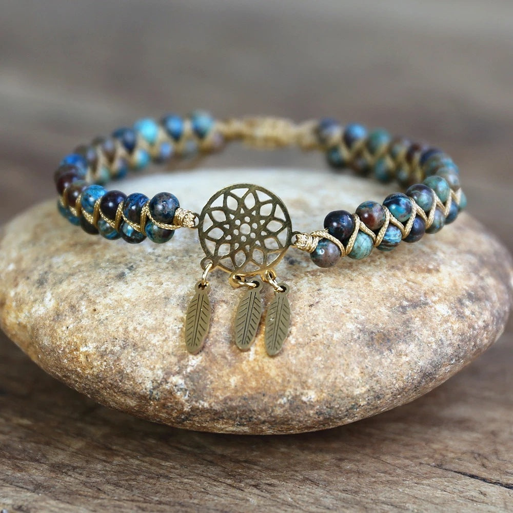 Ocean Apatite Bracelet with Gold Dream Catcher