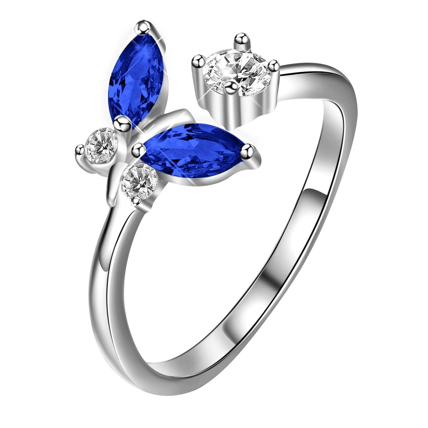 Sterling Silver Butterfly Ring with Sapphire Blue Crystal