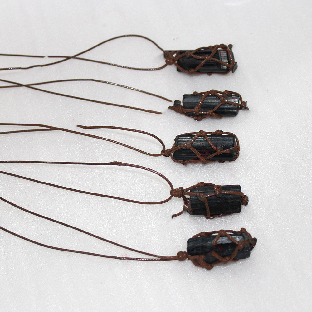 Black Tourmaline Raw Stone Net Bag Necklace