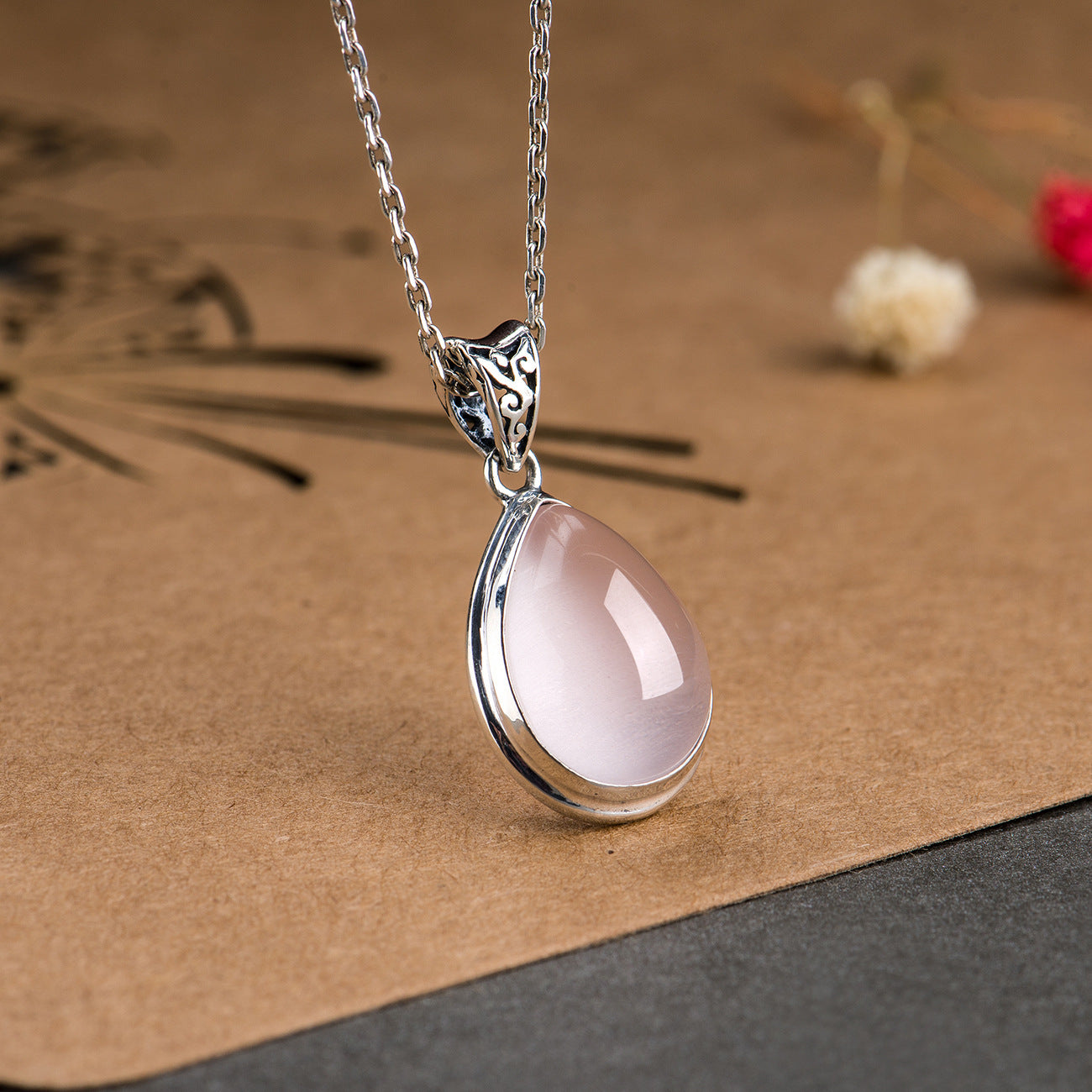 S925 Silver Crystal Pendant Necklace Drop-shaped Rose Quartz Clavicle Chain