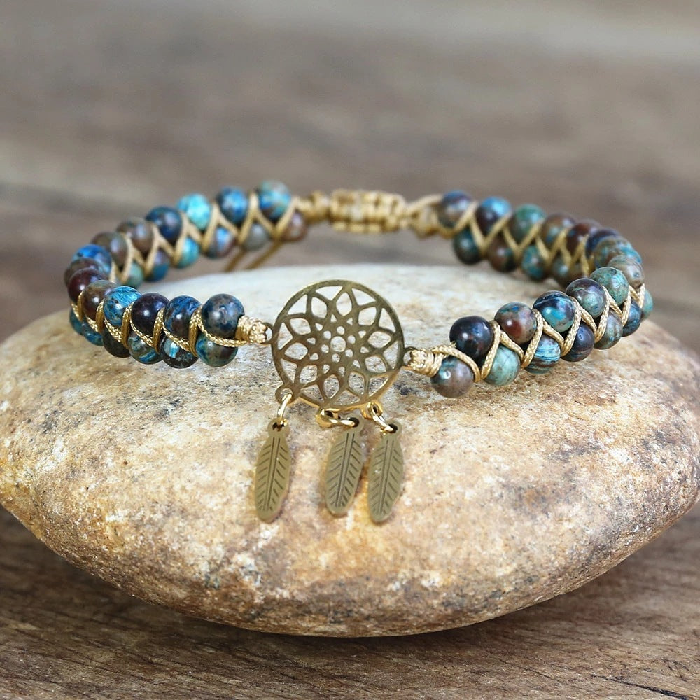 Ocean Apatite Bracelet with Gold Dream Catcher