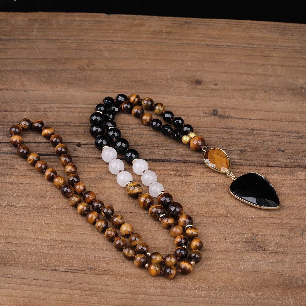 Natural Black Agate Pendant 8mm Tiger Eye Stone Handmade Necklace