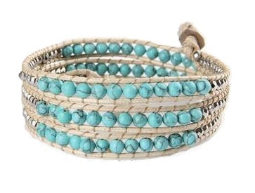 Howlite Four Wrap Blue Weaved Beaded Bracelet