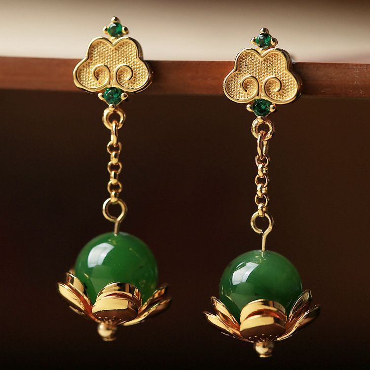 S925 Silver Ancient Style Golden Wishes Hetian Jade Green Jade Earrings