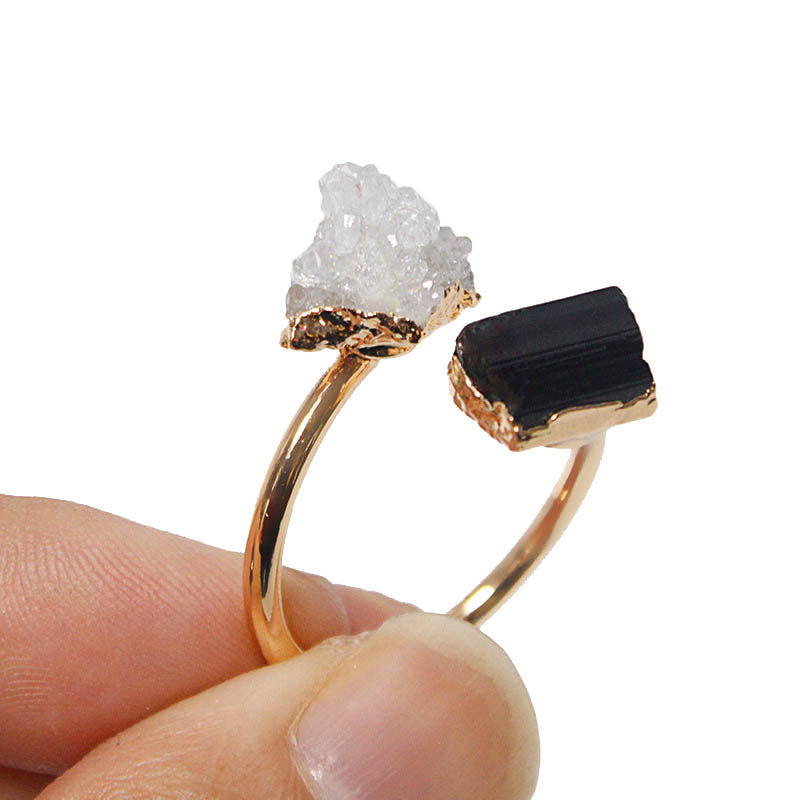 Natural Amethyst, Black Tourmaline& White Crystal Cluster Adjustable Ring