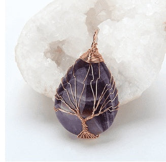 Natural Crystal Pendants Handmade Tree of Life Wrapped Drop Shaped Crystal Pendant Necklace's