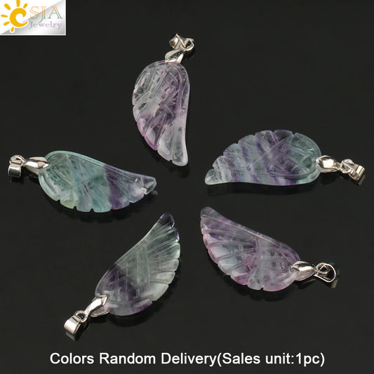 Crystal Pendant Hand-Cut Green Fluorite Angel Wing Necklace