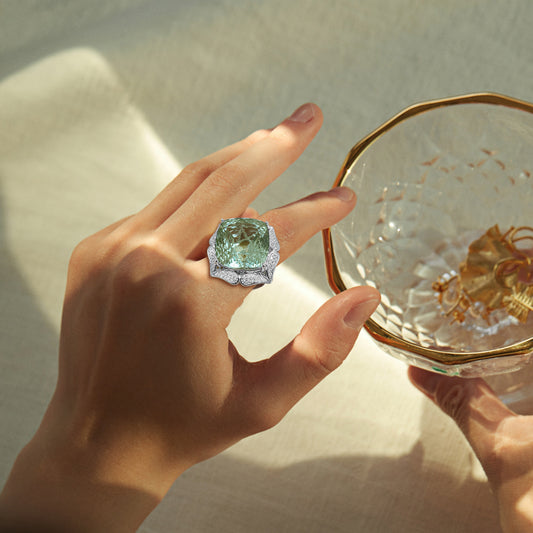 Luxury Crystal Ring Silver Set With Large Natural Green Crystal