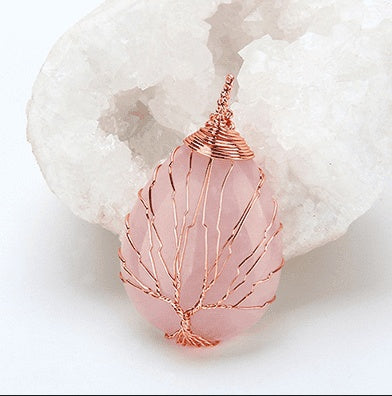 Natural Crystal Pendants Handmade Tree of Life Wrapped Drop Shaped Crystal Pendant Necklace's