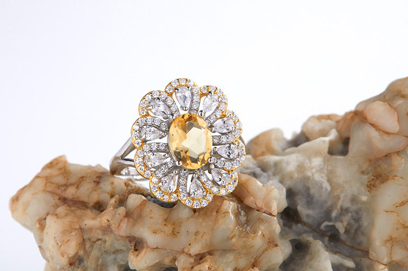 S925 Sterling Silver Inlaid Natural Citrine Flower Ring