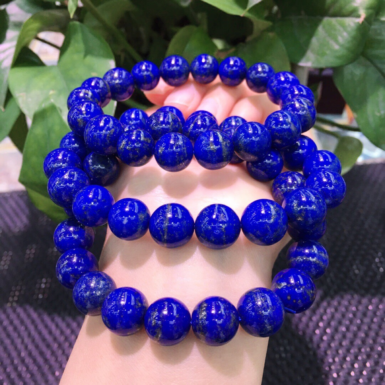 Natural old mineral Lapis round bead bracelet