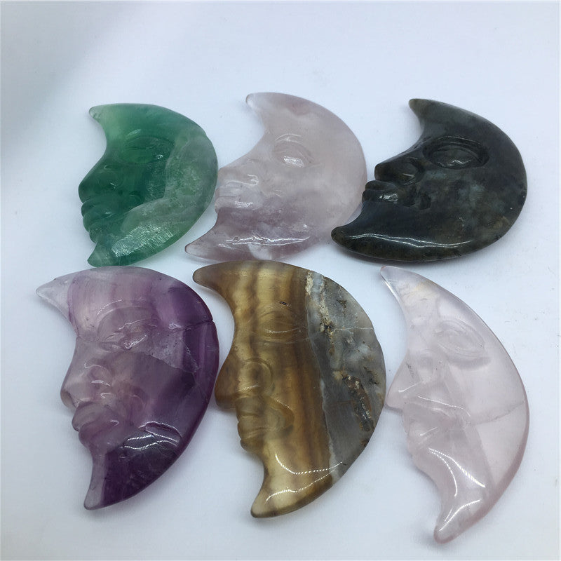 Natural Crystal Fluorite Carved Colorful Fluorite Moon Face Ornaments