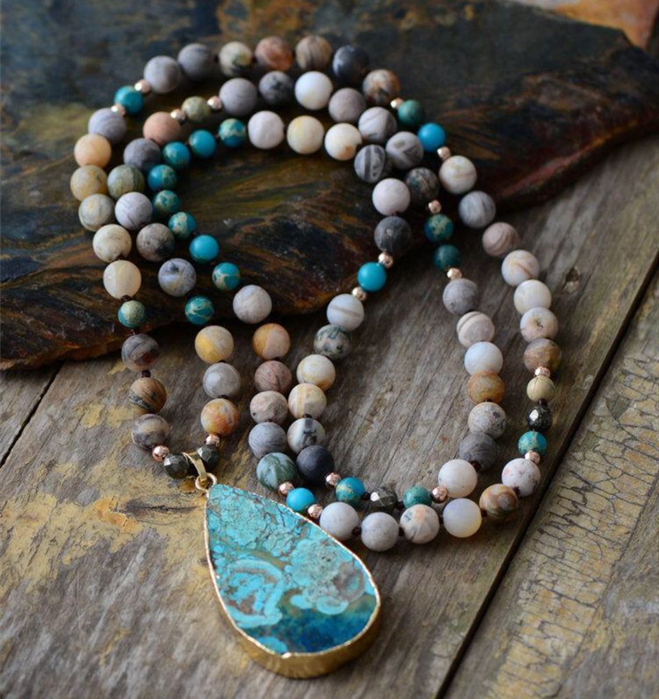 Absolutely Stunning!!!Natural Ocean Stone Necklace with Teardrop Shaped Pendant