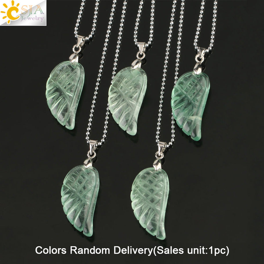 Crystal Pendant Hand-Cut Green Fluorite Angel Wing Necklace