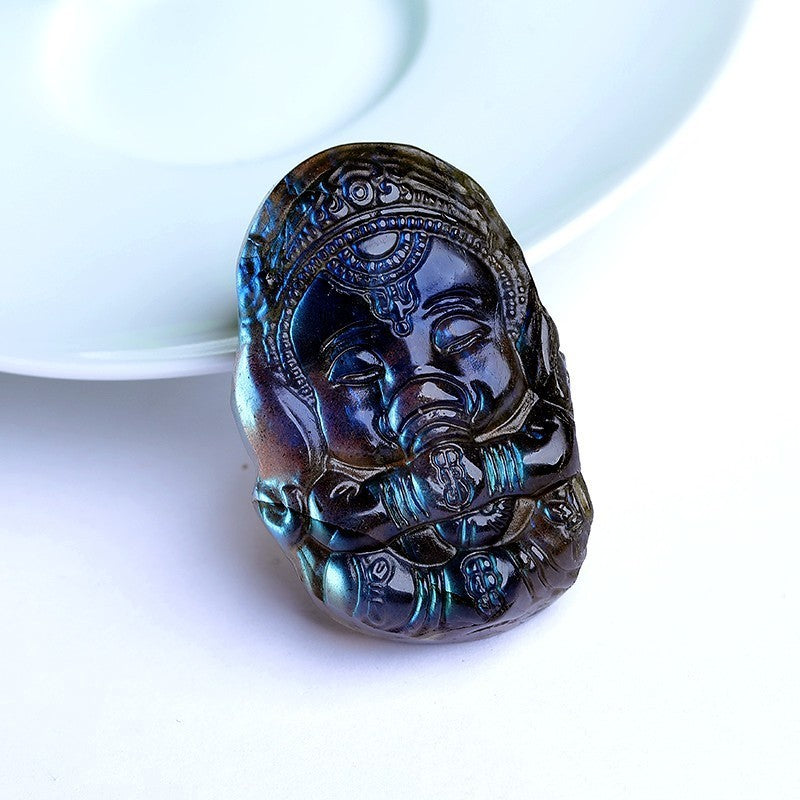 Natural Labradorite Raw Crystal Carving Blue Light Elephant Baby Decorative Meditation Crystal Ornament Pendant