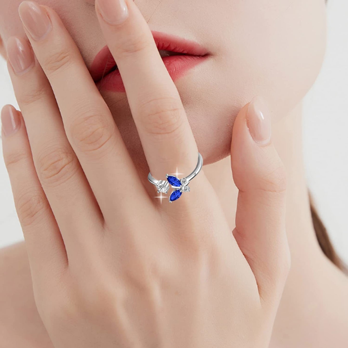 Sterling Silver Butterfly Ring with Sapphire Blue Crystal