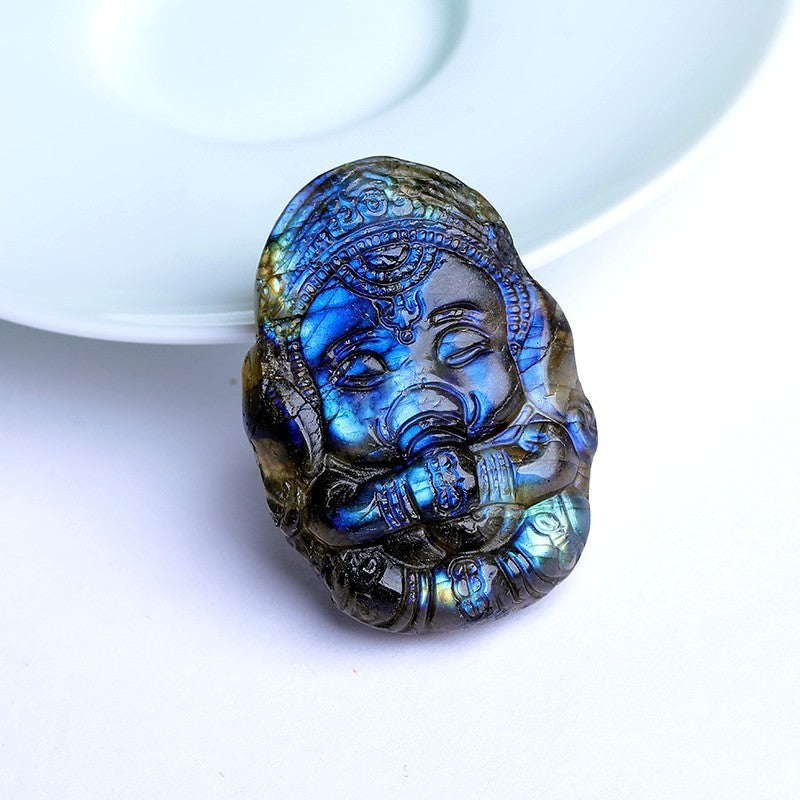 Natural Labradorite Raw Crystal Carving Blue Light Elephant Baby Decorative Meditation Crystal Ornament Pendant