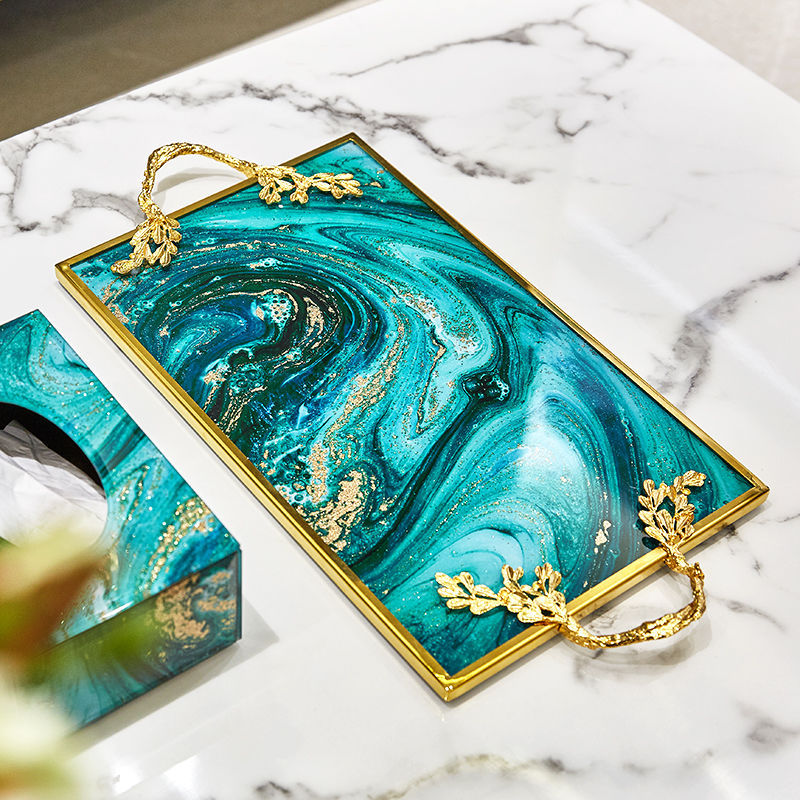 Agate Marbled Glass Metal Tray With Gold Frame