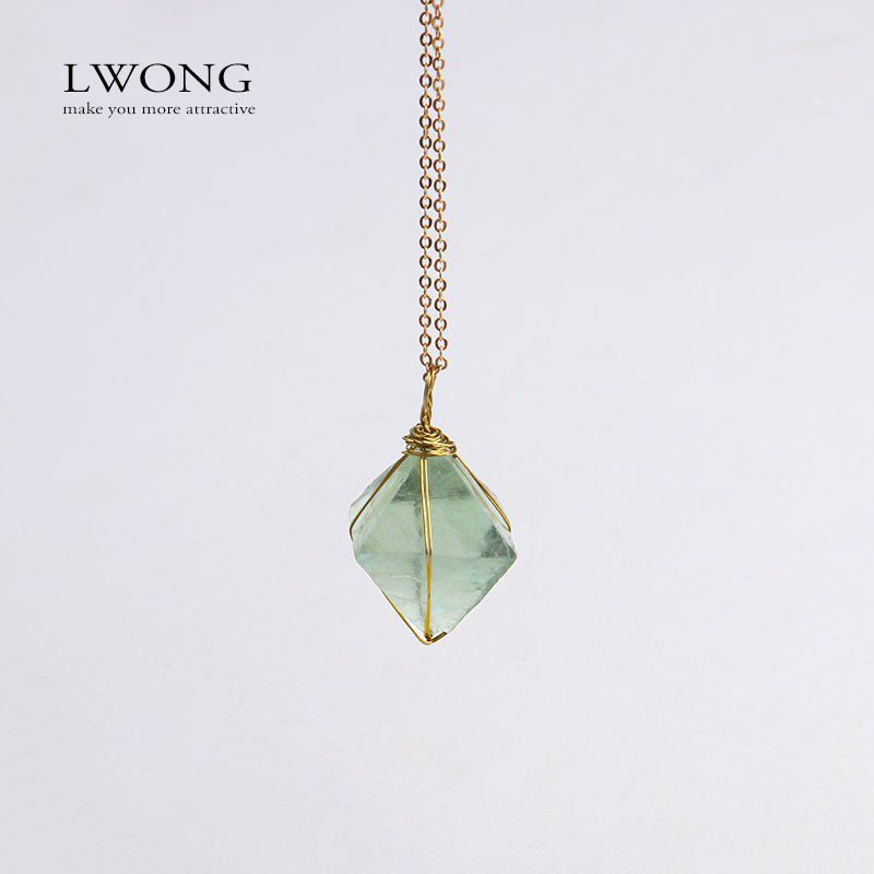 Gold Wire Wrapped Octahedron Green Fluorite Pendant Necklace