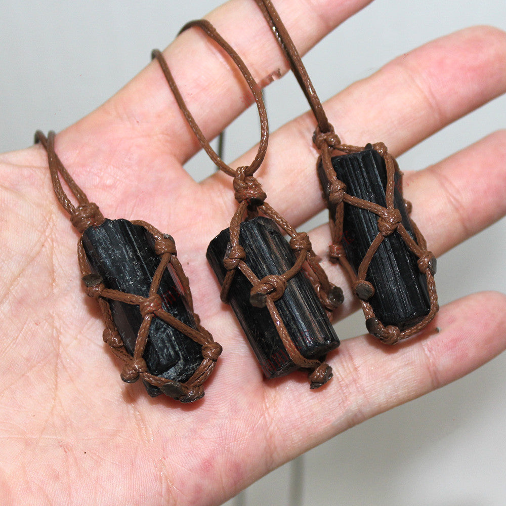 Black Tourmaline Raw Stone Net Bag Necklace