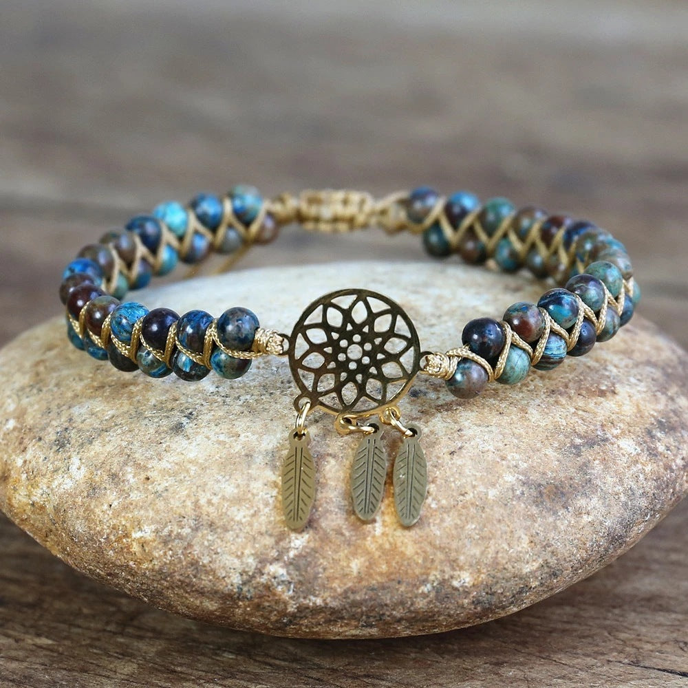 Ocean Apatite Bracelet with Gold Dream Catcher