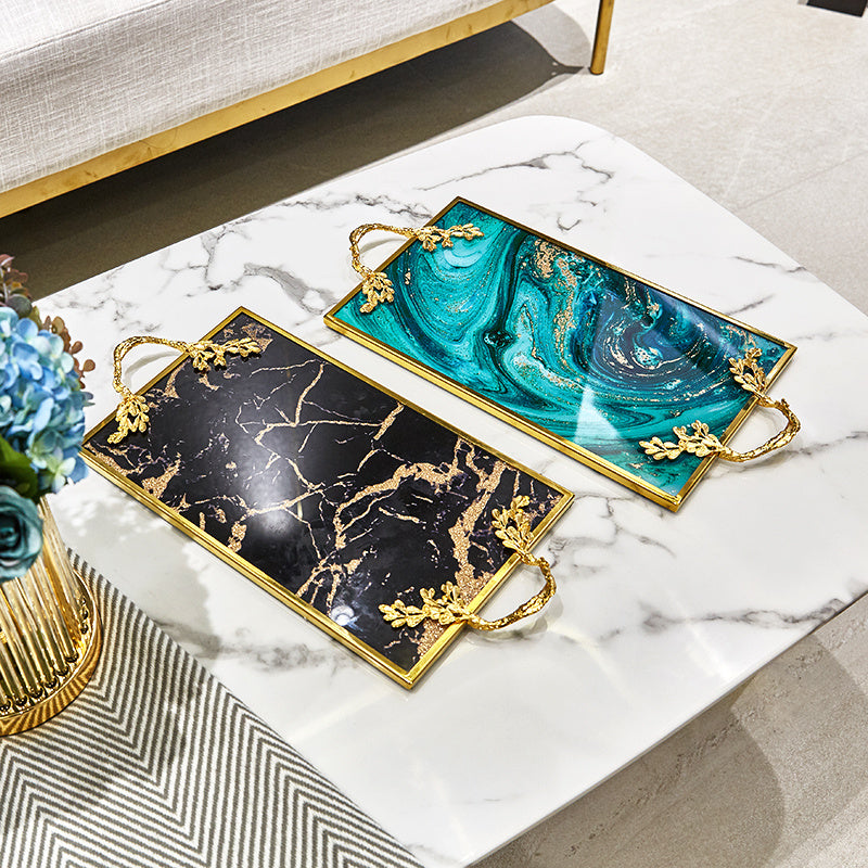 Agate Marbled Glass Metal Tray With Gold Frame