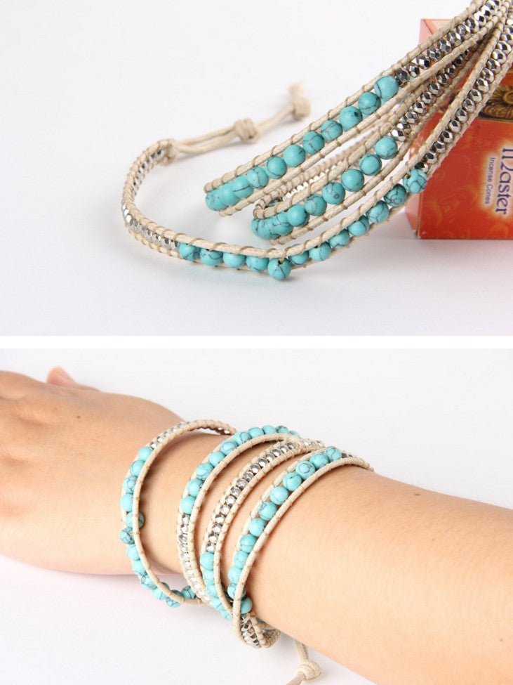 Howlite Four Wrap Blue Weaved Beaded Bracelet