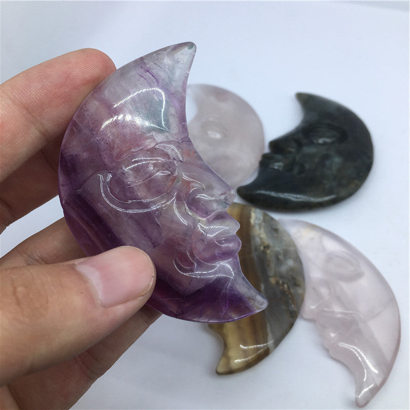 Natural Crystal Fluorite Carved Colorful Fluorite Moon Face Ornaments