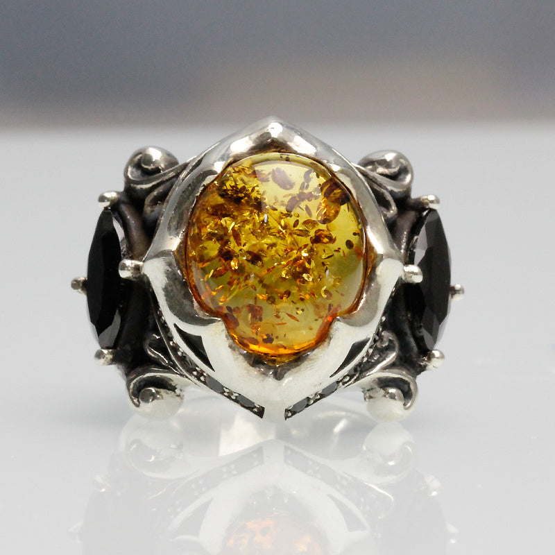 Silver Retro Amber Stone Ring!