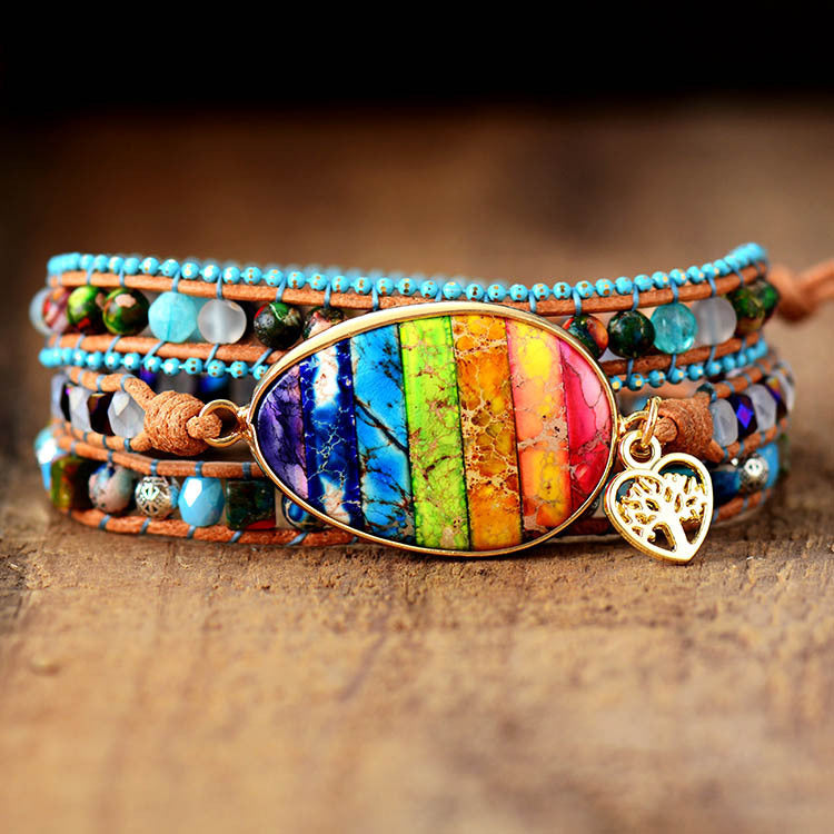 Seven Chakra Emperor Stone Leather Wrap Bracelet Bracelet Bohemian Friendship Bracelet