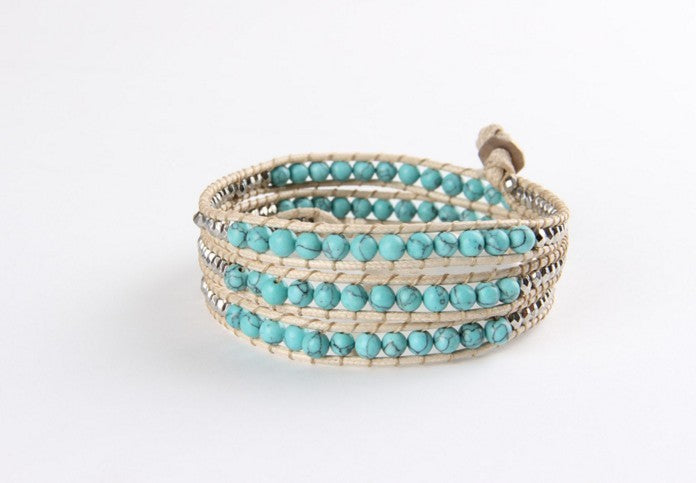 Howlite Four Wrap Blue Weaved Beaded Bracelet