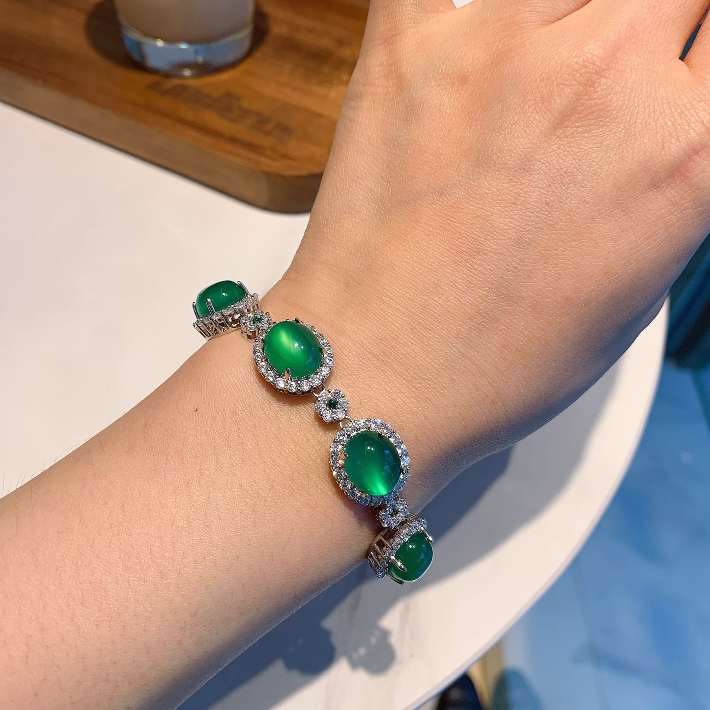 Chalcedony Emerald Green Fluorescent Jade Bracelet- Round Diamond Jade Bracelet