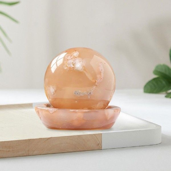 Natural Agate Gemstone Figurine Cherry Blossom Sphere