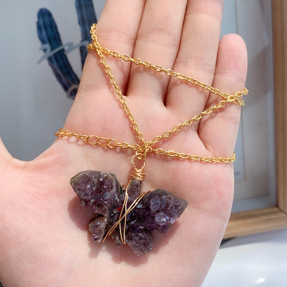 Amethyst Cluster Butterfly Necklace Pendant