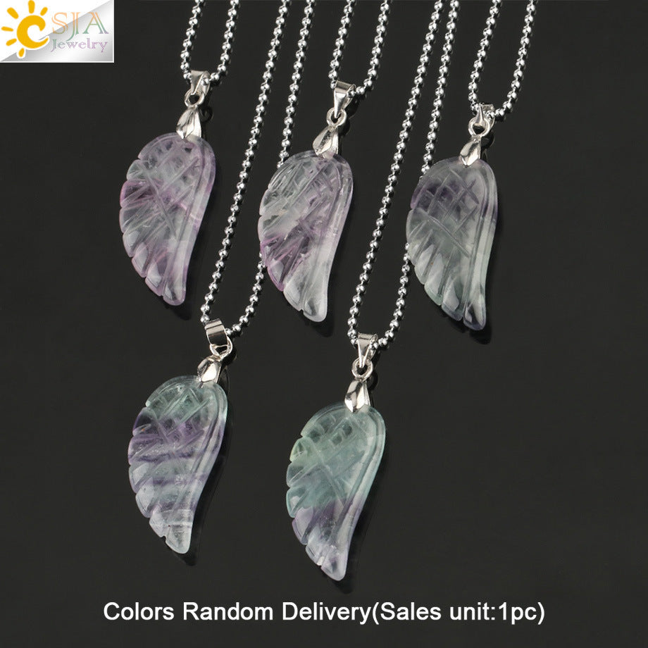 Crystal Pendant Hand-Cut Green Fluorite Angel Wing Necklace