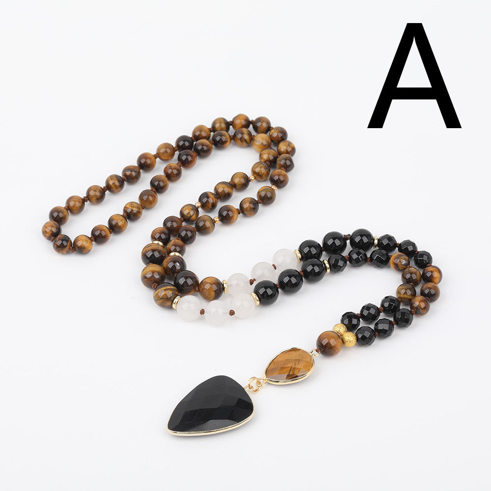 Natural Black Agate Pendant 8mm Tiger Eye Stone Handmade Necklace