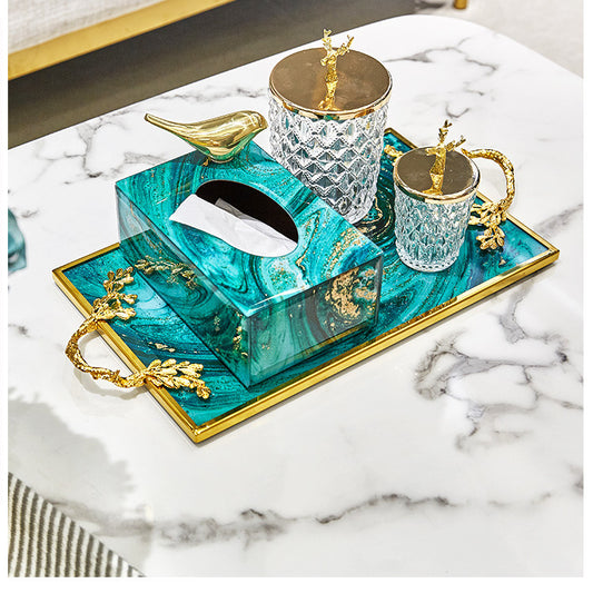 Agate Marbled Glass Metal Tray With Gold Frame