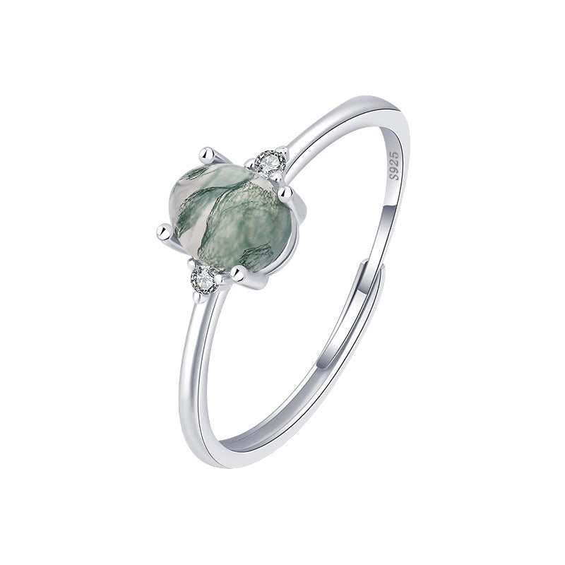 S925 Silver Green Moss Agate Ring