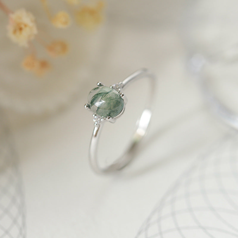 S925 Silver Green Moss Agate Ring