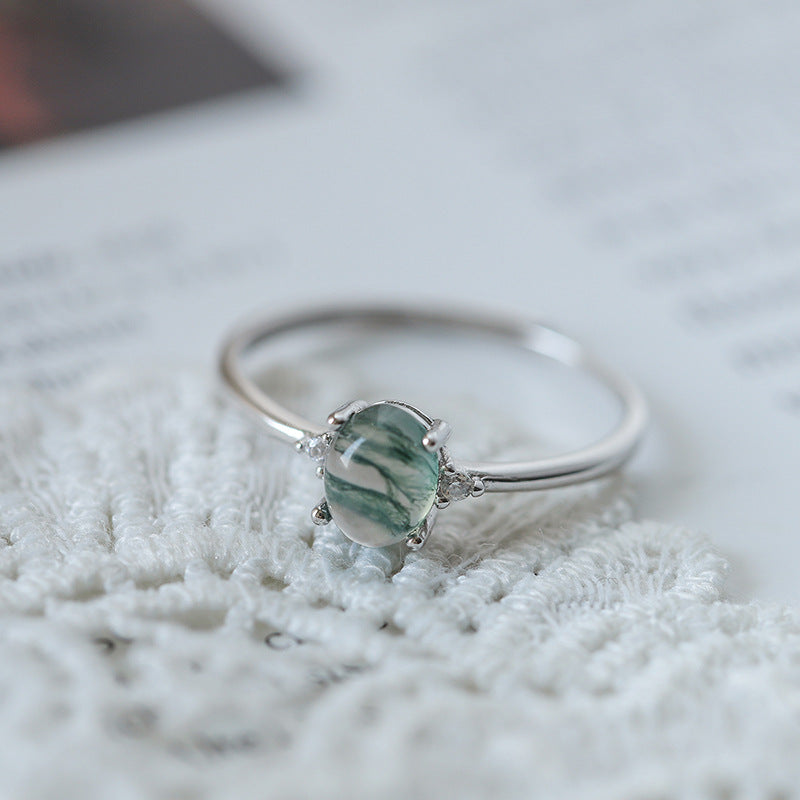 S925 Silver Green Moss Agate Ring