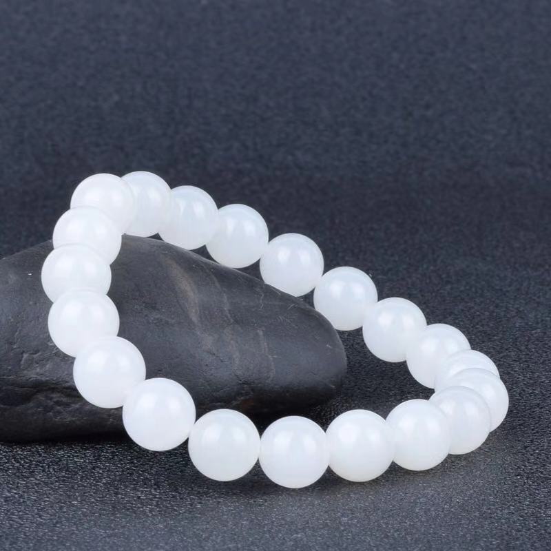 Hotan White Jade Goat Fat Round Bead Bracelet