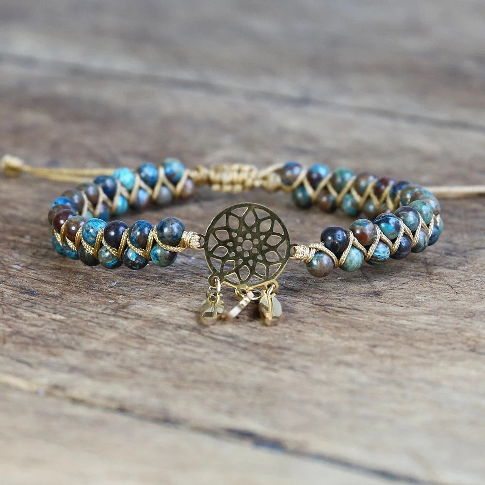 Ocean Apatite Bracelet with Gold Dream Catcher