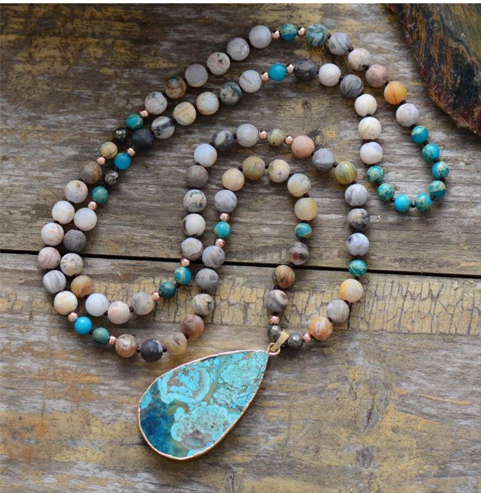 Absolutely Stunning!!!Natural Ocean Stone Necklace with Teardrop Shaped Pendant