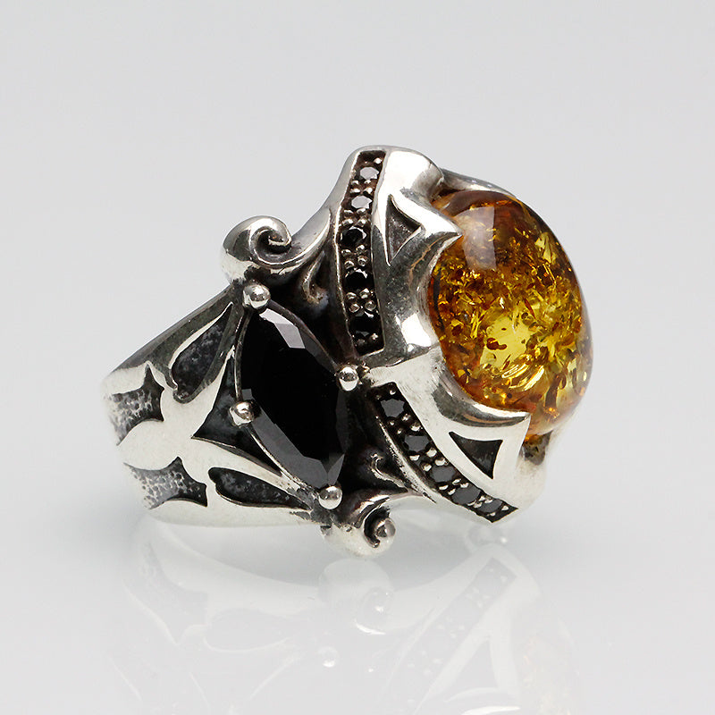 Silver Retro Amber Stone Ring!