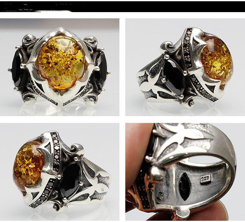 Silver Retro Amber Stone Ring!