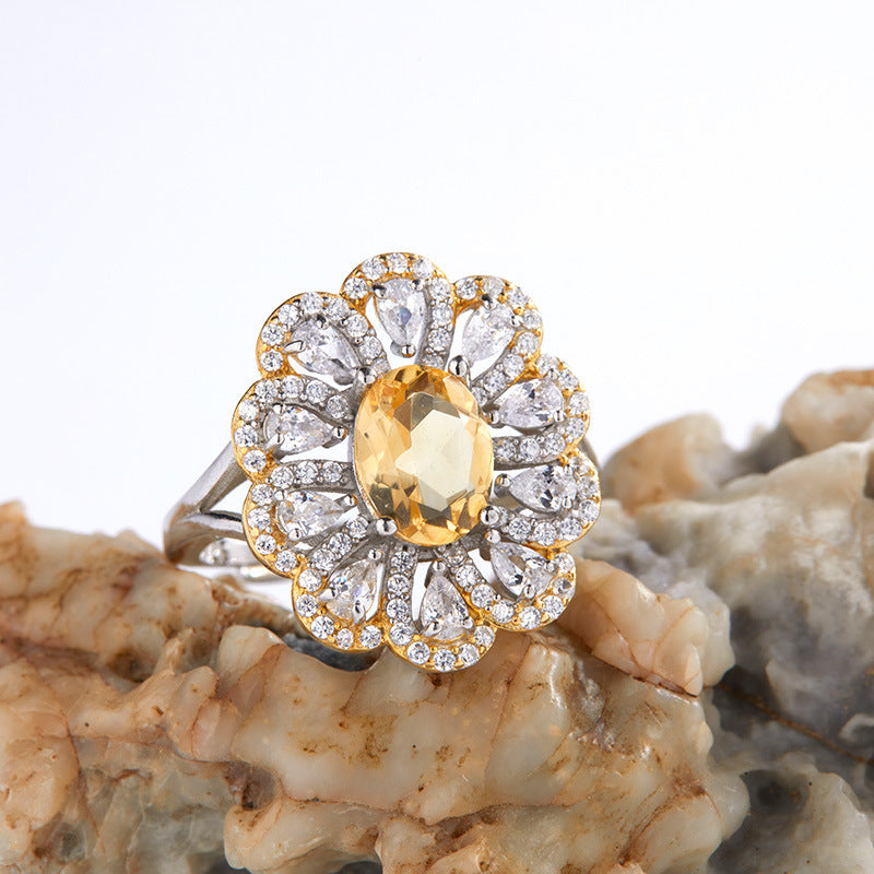 S925 Sterling Silver Inlaid Natural Citrine Flower Ring