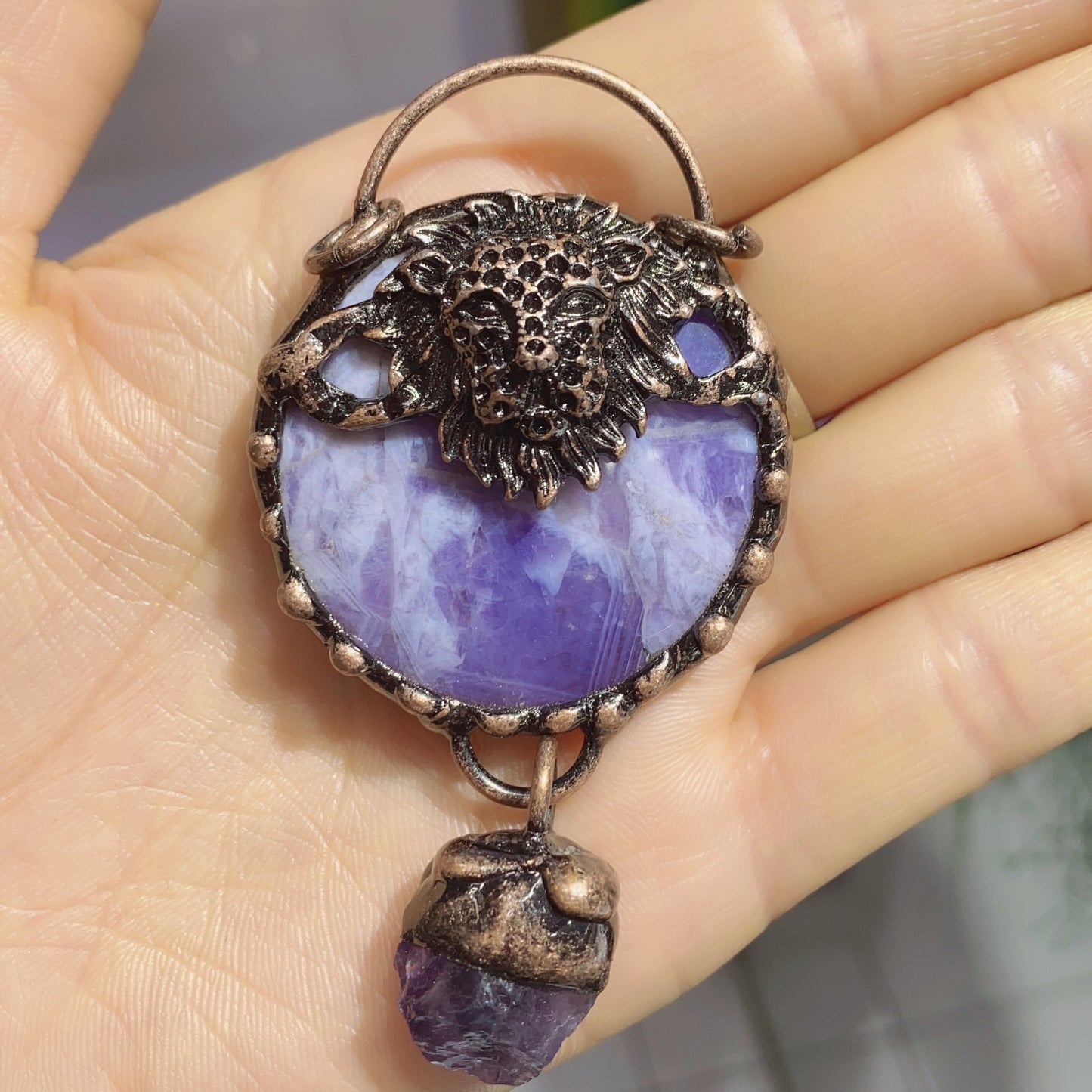 Natural Amethyst Pendant Leopard Head Retro Style