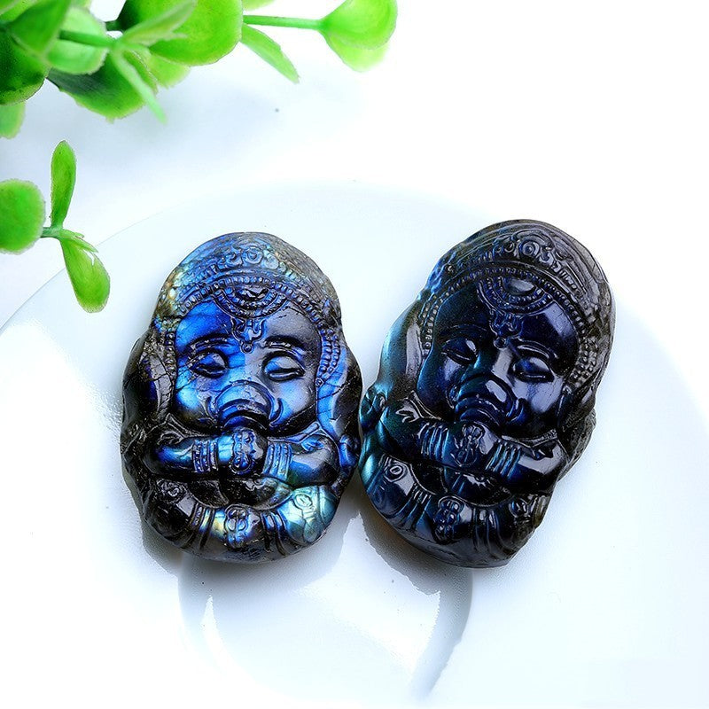 Natural Labradorite Raw Crystal Carving Blue Light Elephant Baby Decorative Meditation Crystal Ornament Pendant