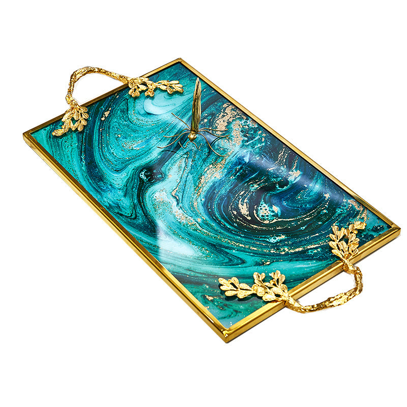 Agate Marbled Glass Metal Tray With Gold Frame